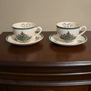 SPODE Christmas Tree Teacups and Saucers Set of 2